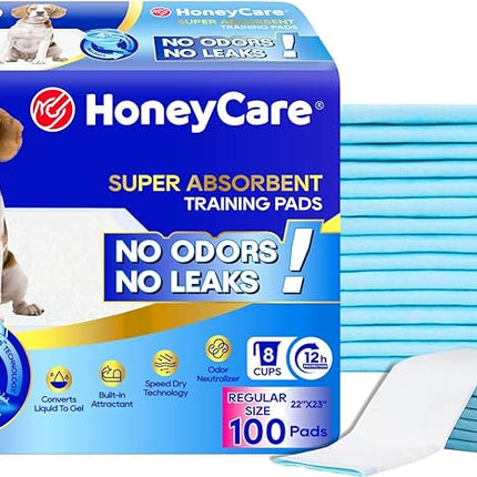 Honey Care All-Absorb Puppy Training Pads Made in The USA! Ultra Absorbent and Odor Eliminating, Leak-Proof 5-Layer Potty Training Pads 22"x23" with Quick-Dry Surface