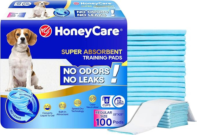 Honey Care All-Absorb Puppy Training Pads Made in The USA! Ultra Absorbent and Odor Eliminating, Leak-Proof 5-Layer Potty Training Pads 22"x23" with Quick-Dry Surface