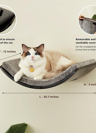 Cat Shelf with Comfortable Cushion - Curved Modern Cat Bed (Large Size) - Lotus Leaf Design Cats Wall Perch - Wall Mounted Cats Furniture for Sleeping, Playing, Climbing, and Lounging, Walnut