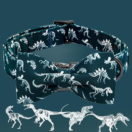 Elegant little tail Dog Collar, Dinosaurs Print Pet Collars with Bow Soft Cutton Boy Puppy Gift Adjustable Blue Bowtie Dog Collar for X-Large Dogs