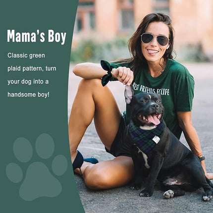 E-Clover Christmas Dog Bandanas Boy & Matching Scrunchie Set Plaid Scarf Kerchief for Small Dog Puppy Bandana Pet Owner Blue Green Fall