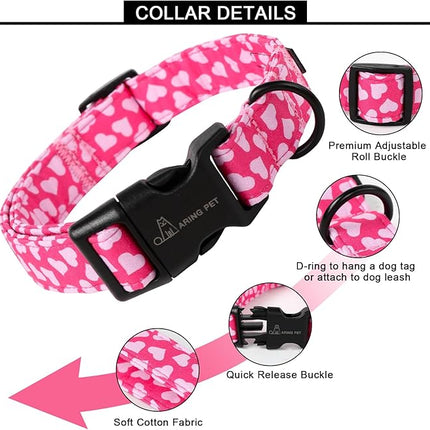 ARING PET Valentine's Day Dog Collar-Cotton Pink Heart Dog Collars, Adjustable Valentine Heart Pet Collars Puppy Collar with Quick Release Buckle for Girl&Boy Dogs