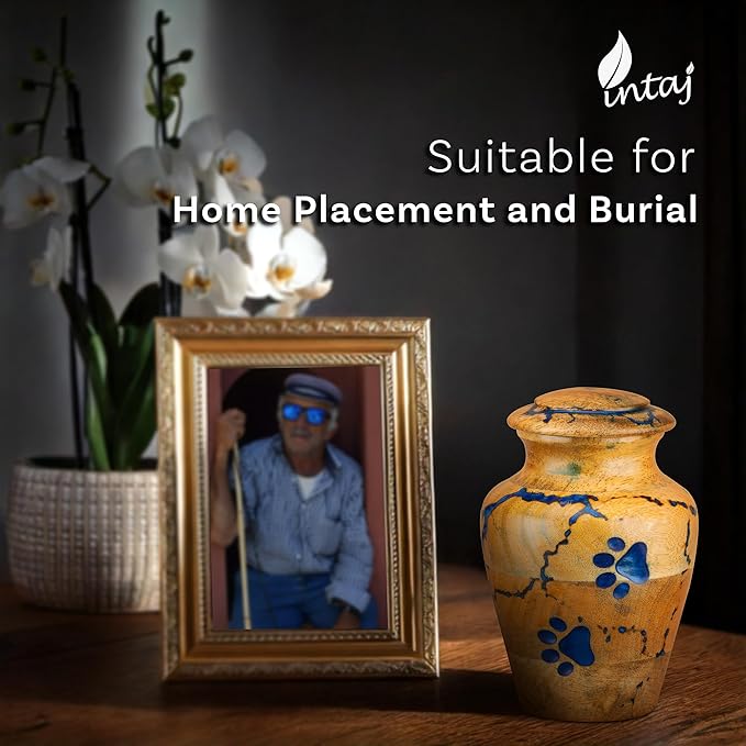 INTAJ Wooden Pet Urns for Dogs/Cats Ashes - Blue Resin Paws & Lichtenburg Design - Keepsake Cremation Urn Box, Pet Memorial Wooden Urns for Ashes, Small to Large Sizes (Classic, Small)