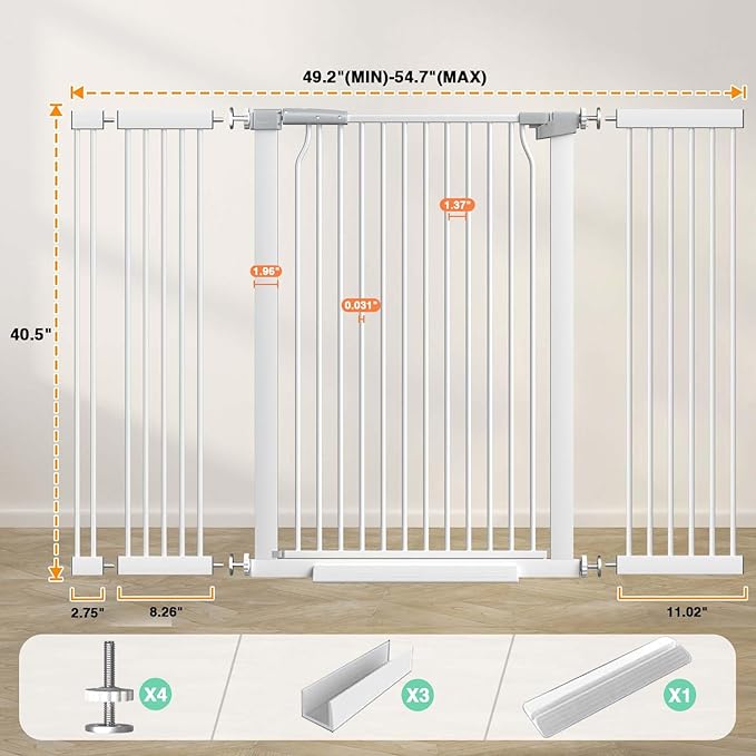 40.5" Extra Tall Baby Gate No Drill, 49.2"-54.7" Extra Wide Dog Gate Indoor, Pressure Mounted Safety Child Gate, Auto Close Pet Gate for Stairs Doorways Walk Through, White