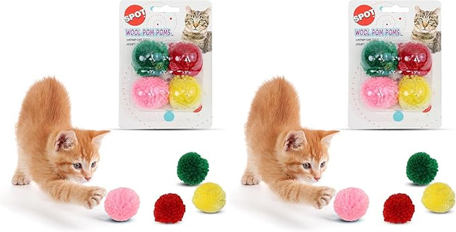 SPOT Wool Pom Poms Cat Toy - Interactive Wool Balls Cat Toy with Catnip for Cats and Kittens to Bite, Swat and Chase - 1.5 inch, 4 pcs (Pack of 2)