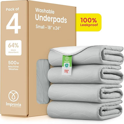 IMPROVIA® Washable Underpads, Heavy Absorbency Reusable Incontinence Pads for Kids, Adults, Elderly, and Pets - Waterproof Protection Floor Grey & White (4 Pack - 18x24)