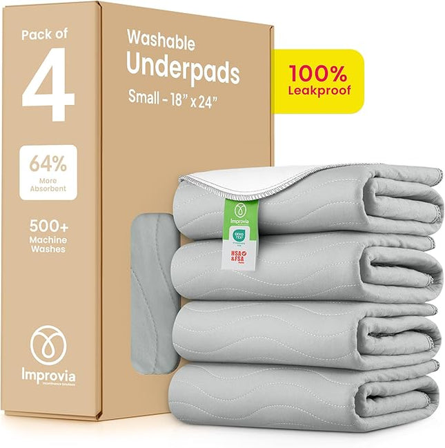 IMPROVIA® Washable Underpads, Heavy Absorbency Reusable Incontinence Pads for Kids, Adults, Elderly, and Pets - Waterproof Protection Floor Grey & White (4 Pack - 18x24)
