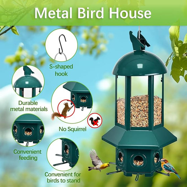 Professional Squirrel Proof Bird Feeders - Sorflife Large Capacity 5.06 lbs, Reliable and Rust Resistant Metal Bird Feeding Station for Prevents Squirrels from Stealing Food and Easy Refilling Green