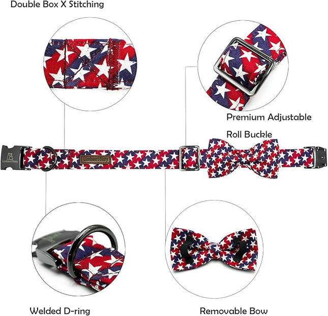 Lionheart glory American Flag Dog Collar 4 of July Independence Patriotic Dog Bow Collars Heavy Duty Adjustable Soft Collar with Bowtie for Large Dogs Pet Gift