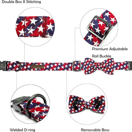 Lionheart glory American Flag Dog Collar 4 of July Independence Patriotic Dog Bow Collars Heavy Duty Adjustable Soft Collar with Bowtie for Large Dogs Pet Gift