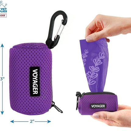 Best Pet Supplies Dog Poop Bag Holder Leash Attachment with 15 Bags, Purple, Reusable Mesh Dispenser Pouch for Travel, Walking, Park, and Outdoor Use, Soft and Durable with Clip-On