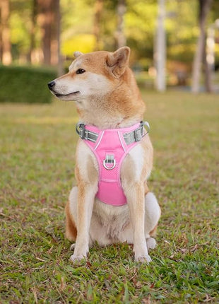 PHOEPET No Pull Dog Harness, Unique Colors Reflective Adjustable Dog Vest, with Soft Training Handle Metal Clips for Small Medium Large Dogs (Baby Pink Base & Grey Straps,M)