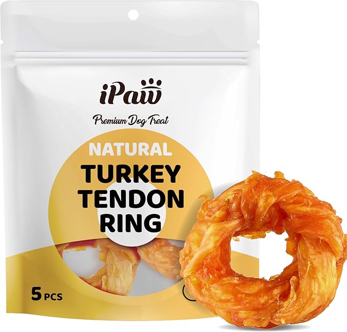 iPaw Turkey Tendon for Dogs 5 Pcs Value Pack, Ingredient Sourced from USA, Hypoallergenic, All Natural Human Grade Puppy Chew, Dog Treats for Signature Series, Rawhide Alternative, Ring (Medium)