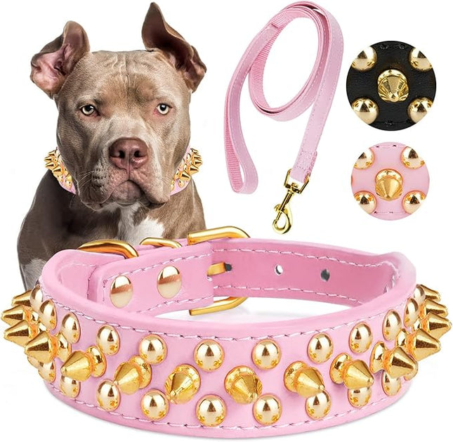 Epesiri Golden Spike Collar for Dogs, Gold Spiked Dog Collar, Durable PU Leather Studded Dog Collar with Leash, Funny Mushrooms Rivet Small Puppy Pet Cat Adjustable Collar, Pink XL