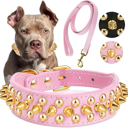 Epesiri Golden Spike Collar for Dogs, Gold Spiked Dog Collar, Durable PU Leather Studded Dog Collar with Leash, Funny Mushrooms Rivet Small Puppy Pet Cat Adjustable Collar, Pink M