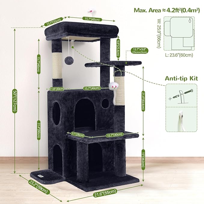 Globlazer Cat Tree Tower for Indoor Cats, 50-inch Adult Cat Tree House for Large Adult Cats with Steps, Scratching Post, 2 Cat Caves, Dangling Toys, FC50, Dark Grey