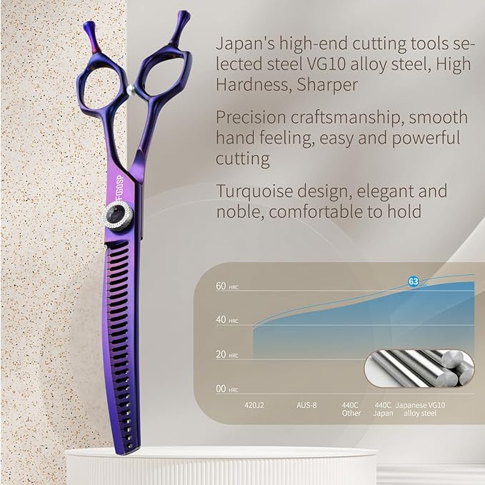 Professional Curved Chunkers Dog Grooming Scissors 7'' Curved Comb Thinning Shears for Dogs Pet 27 Teeth Japan VG10 Sharp and Smooth(7 Curve Chunker, Purpler)