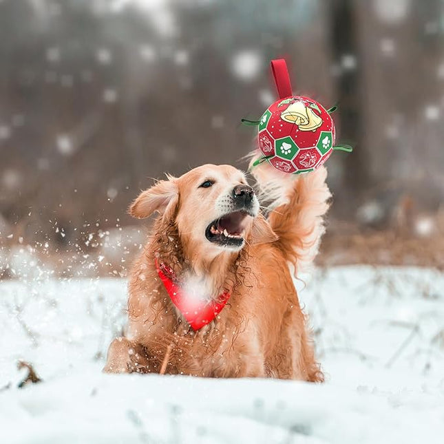 QDAN Christmas Dog Balls with Straps, Squeaky Dog Toys for Indoor Outdoor Playing, Puppy Birthday Gifts, Pet Toy Ball, Durable Herding Balls for Dogs (8 Inch)