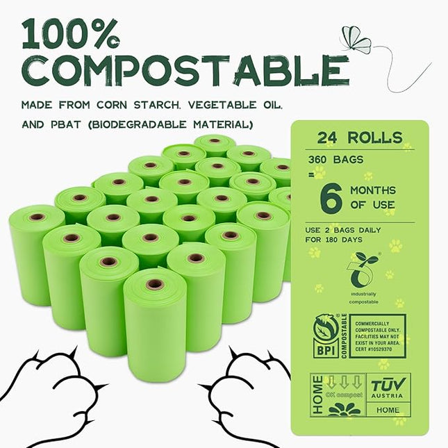 Loveishere 100% Compostable & Biodegradable Poop Bags(360 Bags, 24 Rolls) - 20 Micron Thick, Guaranteed Leak Proof, ASTM D6400 & EN 13432 Certified (Green)