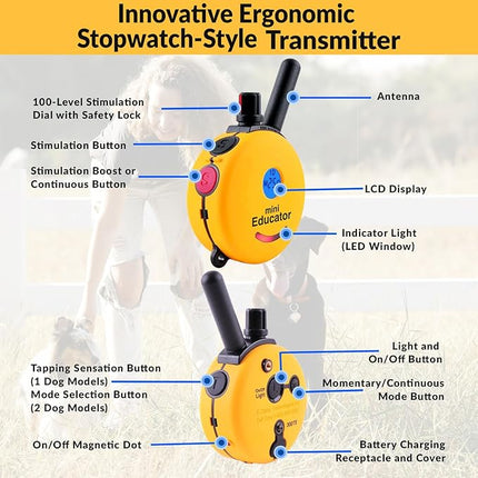 Educator E-Collar Humane Dog Training Collar with Remote, 100 Safe Tapping Stimulation Levels, Night Light, Waterproof, Rechargeable, 1/2 Mile 2 Small-Medium Dogs, Yellow