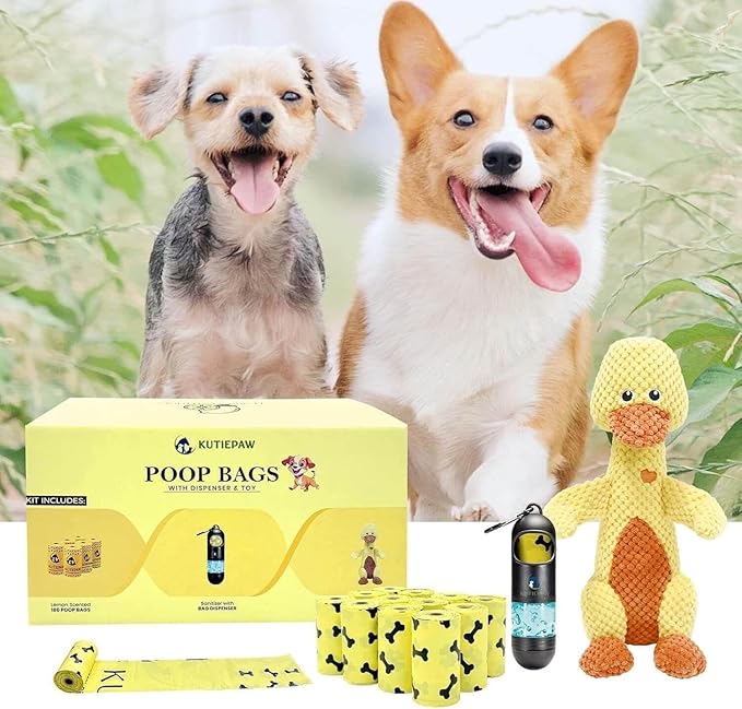 Dog Poop Bag Kit - 180 Biodegradable Lemon Scented Poop Bags for Dogs, Duck Plush Toy & Dispenser with Sanitizer - Leak Proof Extra Thick Compostable Dog Waste Bags for Eco-Friendly Walks