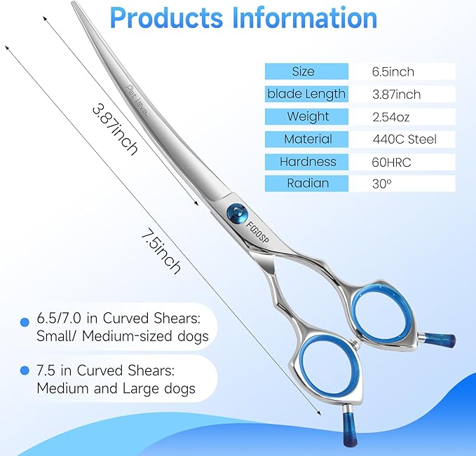 Curved Dog Grooming Scissors 7.5 in Curve Shears for Pet Dogs Cat Japan 440C 30°Arc Upward & Downward Classic Handle for Trimming Face and Paws(7.5, Curved)