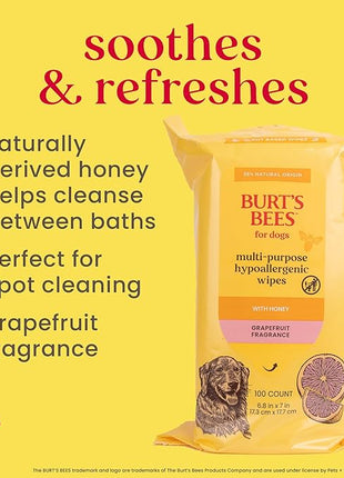 Burt's Bees for Pets Multipurpose Dog Wipes with Honey, Grapefuit Fragrance, 98% Natural Origin Formulas, Hypoallergenic Dog Wipes Cleaning, Dog Cleaning Wipes, Dog Wipes for Paws and Butt, 100ct