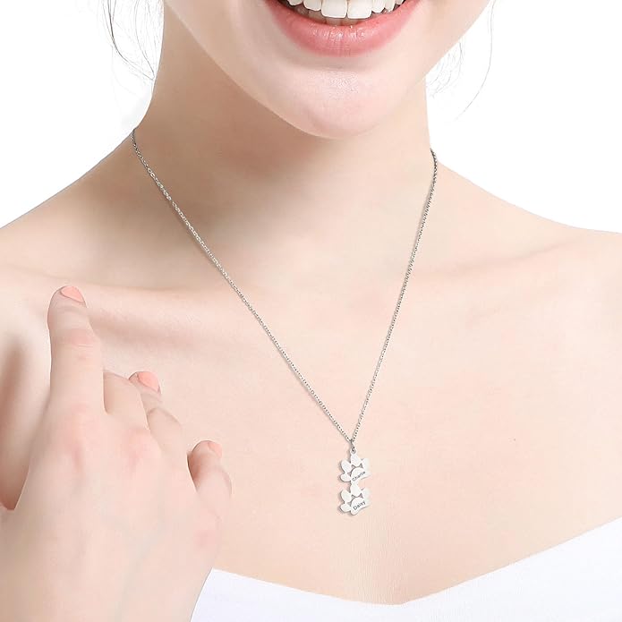 MeMeDIY Personalized Paw Print Necklace for Women Engraved Name Dog Paw Necklace Stainless Steel/925 Sterling Silver Paw Necklace Pet Memorial Necklace 1-4 Cat Paw Print Necklace