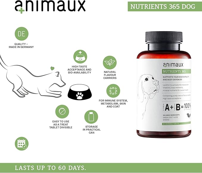 animaux – nutrients 365 for Dogs, All-Natural Vitamins, Healthy Immune System, Vitality, Healthy Skin, Shiny Coat, Raw-Feeding, Puppies, Dogs with Allergies, 60 Chewable Tablets, 60 Days Supply