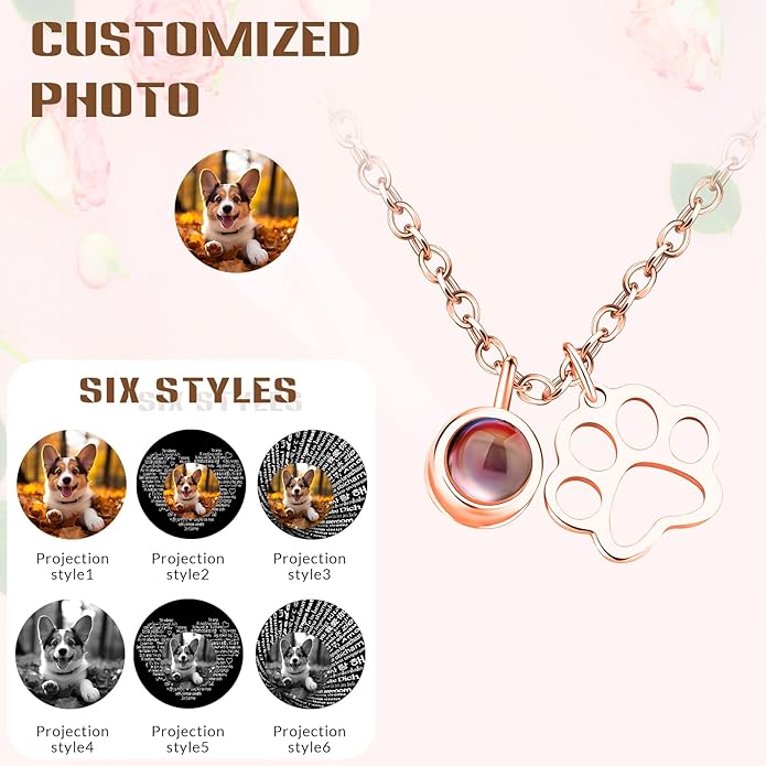 Personalized Picture Necklace with picture inside Custom Projection Necklace Cat/Dog Paw Print Pet Memorial Necklaces for Pet Lovers, Photo Gifts for Anniversary Dog Lovers