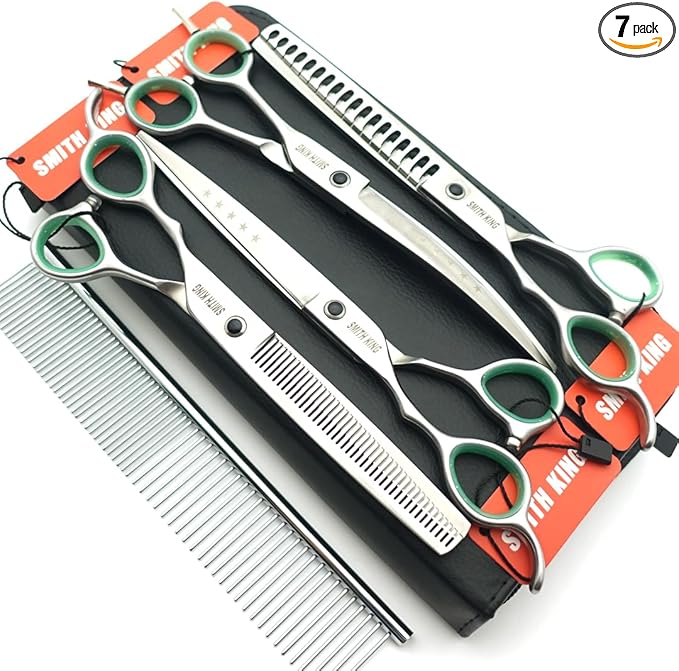 7.0 inches Professional Dog Grooming Scissors Set Straight & thinning & Curved & chunkers & comb 5pcs in 1 Set for left-handed & right handed