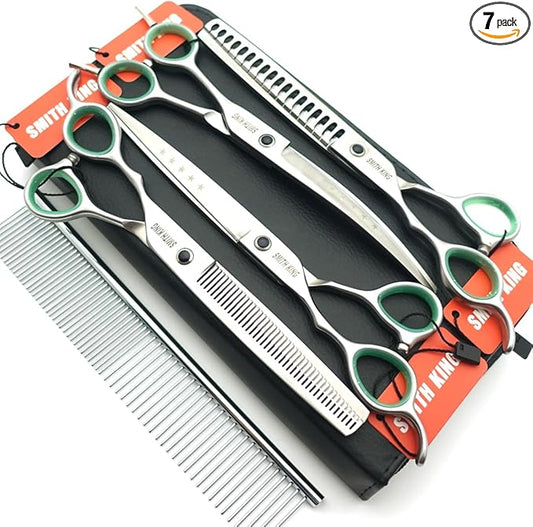 7.0 inches Professional Dog Grooming Scissors Set Straight & thinning & Curved & chunkers & comb 5pcs in 1 Set for left-handed & right handed