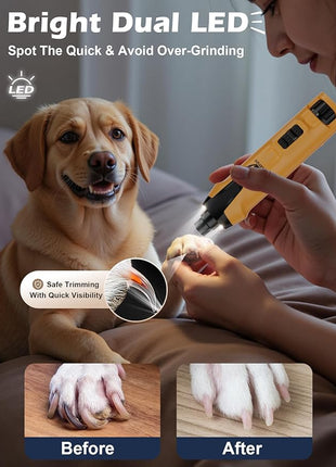 Casfuy 6-Speed Dog Nail Grinder – 50%+ Boost Power Dog Nail Trimmers Quiet with Dust Cap & 2 LED Lights & 2000mAh Battery & 4.8V Motor Electric Pet Toenail File Tool for Large Medium Small Dogs Cats