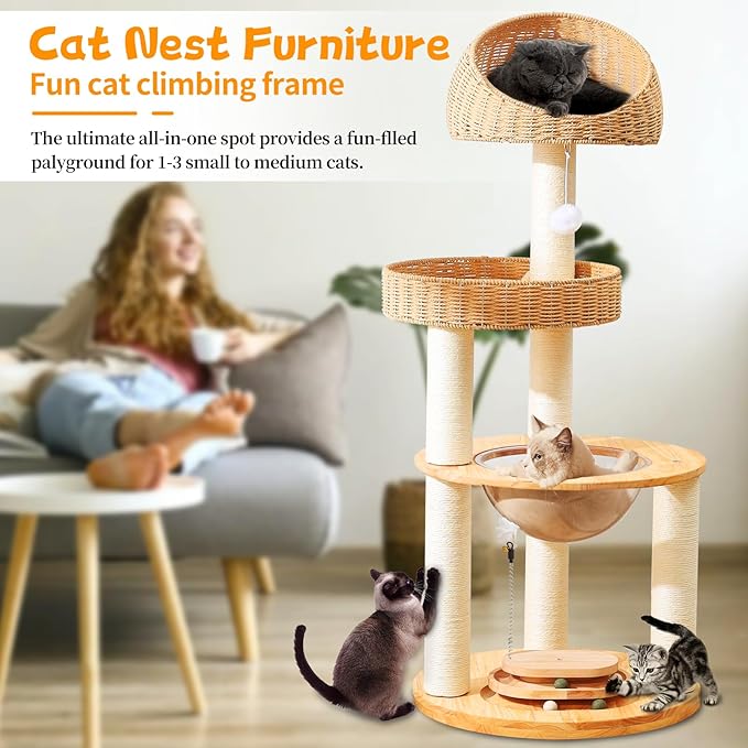 Large Cat Tree for Multiple Cats, Handmade with Natural Materials, Thick Scratching Posts, Stable & Sturdy Wooden Cat Scratcher, Stylish Nordic Design for Climbing & Play