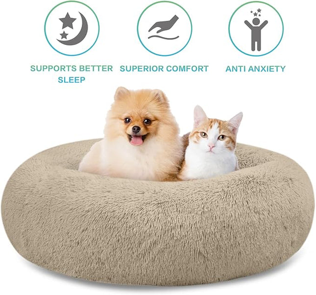 SAVFOX Plush Calming Dog Beds, Donut Dog Bed for Small Dogs, Medium, Large & X-Large, Comfy Cuddler Dog Bed and Cat Bed in Faux Fur, Washable Dog Bed, Multiple Sizes XS-XXL