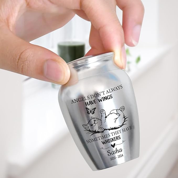 Artsy Woodsy Personalized Pet Memorial Cat Mini Urns - Stainless Steel Decorative Keepsake for Ashes 2.56x1.77 inch - Gifts for Cat Mom Dad Lovers Accessories in Loving Memory Loss (04)