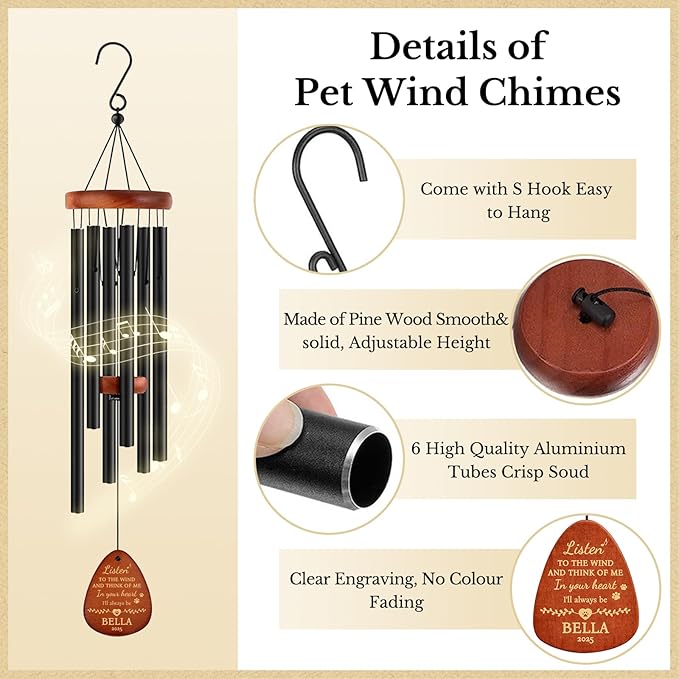 Personalized Pet Memorial Gifts for Dogs - 26" Pet Memorial Wind Chimes, Dog Memorial Gifts for Loss of Dog, Pet Bereavement Sympathy Gift