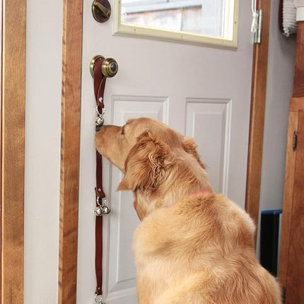 Leather Dog Doorbells for Door Knob/Potty Training/Go Outside, Length Adjustment Copper Dog Bell, Housetraining Hanging Bell, Brown Leather Golden Bells - 2 Pack