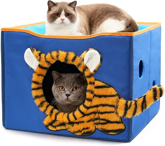 CWV Cat Houses for Indoor Cats, Cute Cat Cave Bed with Scratch Pad, Foldable Cat Cube for Multiple Large Cats, 17X17x13inch, Tiger Design