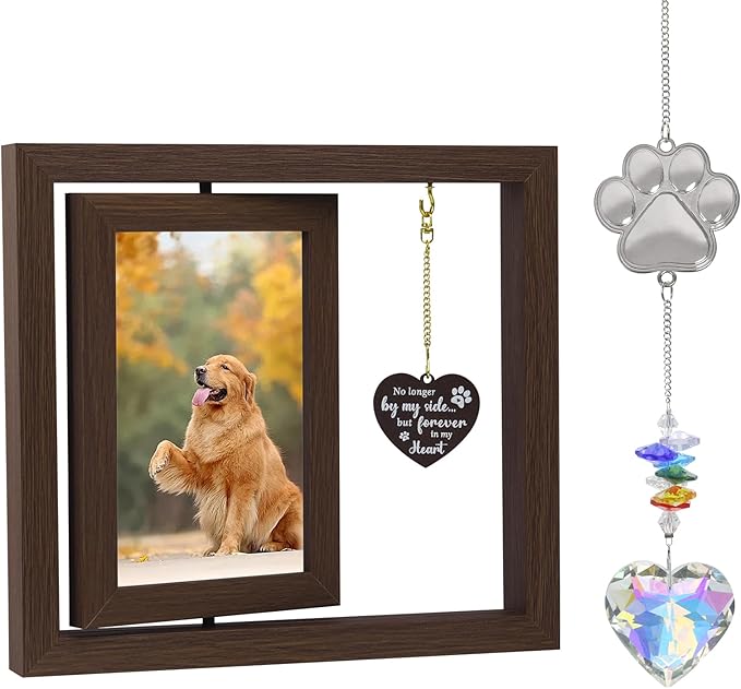 Dog Memorial Gifts for Loss of Dog Wooden Picture Frames for 4x6 Photos，2 Inch Color-Heart Shape Crystal Suncatcher, Pet Memorial Gifts for Dogs Bereavement Sympathy Gifts