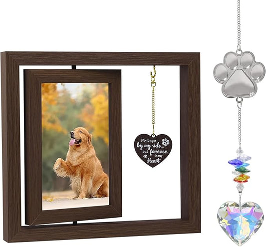 Dog Memorial Gifts for Loss of Dog Wooden Picture Frames for 4x6 Photos，2 Inch Color-Heart Shape Crystal Suncatcher, Pet Memorial Gifts for Dogs Bereavement Sympathy Gifts