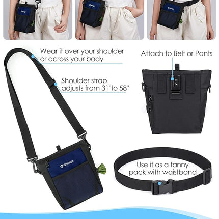 Gobeigo Dog Treat Pouch with Silicone Snack Bag, Front Pocket fits All Phones, 4 Cup Treat Bag with Training Clicker, Upgrade Stronger Magnetic Closure, 3 Ways to Wear Walking Fanny Pack (Navy Blue)