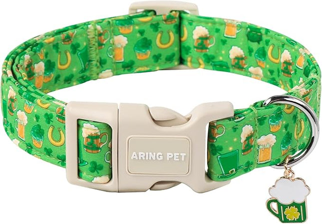 ARING PET St Patrick's Day Dog Collar-Green Lucky Clovers Dog Collars, Adjustable Shamrock Pet Collars Trefoil Puppy Collar Gifts with Quick Release Buckle for Girl&Boy Dogs