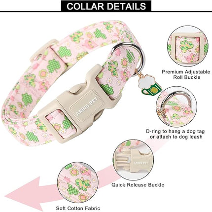 ARING PET St Patrick's Day Dog Collar-Cute Pink Clovers Dog Collars, Adjustable Shamrock Pet Collars Trefoil Puppy Collar with Quick Release Buckle for Girl&Boy Dogs