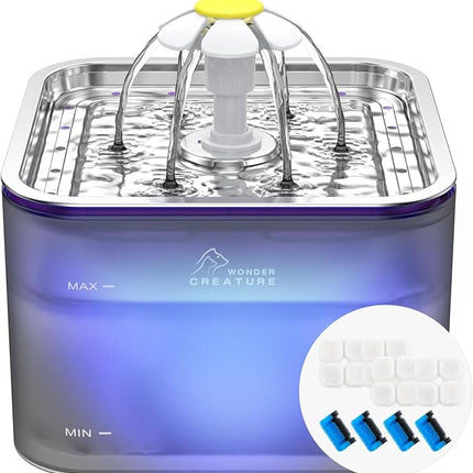 Crystal Cat Water Fountain Stainless Steel with 4 Filters and 4 Sponges, 101oz/3L Pet Fountain with LED Light for Cats and Dogs (Grey)