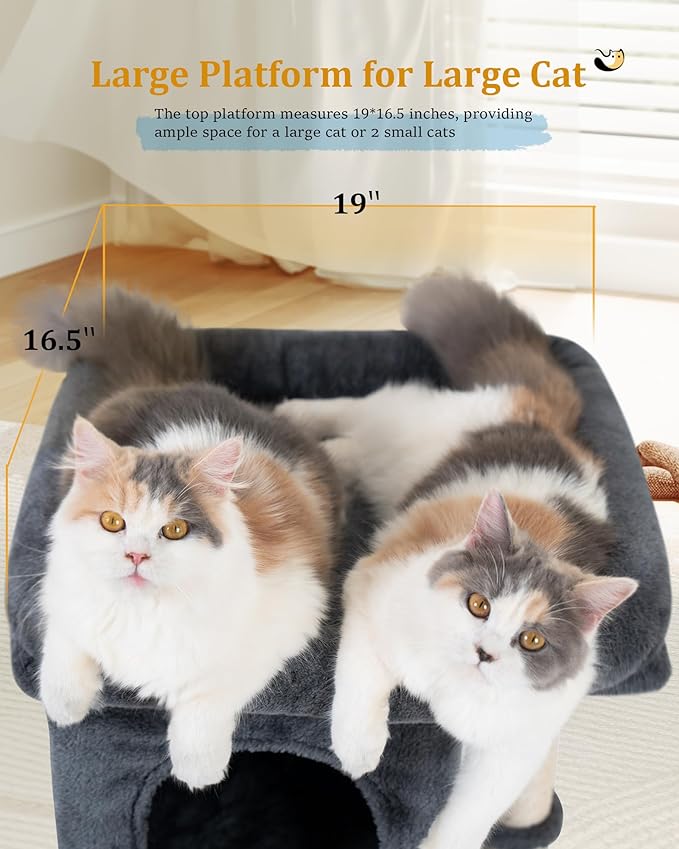 24in Cat Tree Tower with Scratching Post, 19 * 16.5in Window Perch Bed for Large Adult Cats, 2 Small Condo Cubbies for Indoor Kittens, Dark Gray