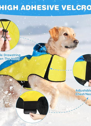 BiPawTi Dog Rain Jackets for Medium Dogs, Lightweight Reflective Safety Pet Rain Jacket, Waterproof Dog Raincoat with Hood/Leash Hole/Reflective Strip - Yellow + Blue, M