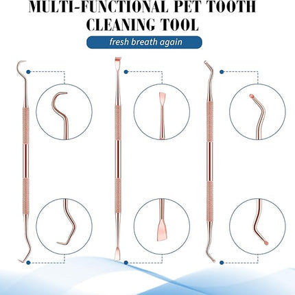 Hotop 3 Pieces Dog Dental Tooth Scaler and Scraper Stainless Double Headed Tarter Removing Tool Scraper Pet Teeth Cleaning Tools for Dog and Cat (Rose Gold)