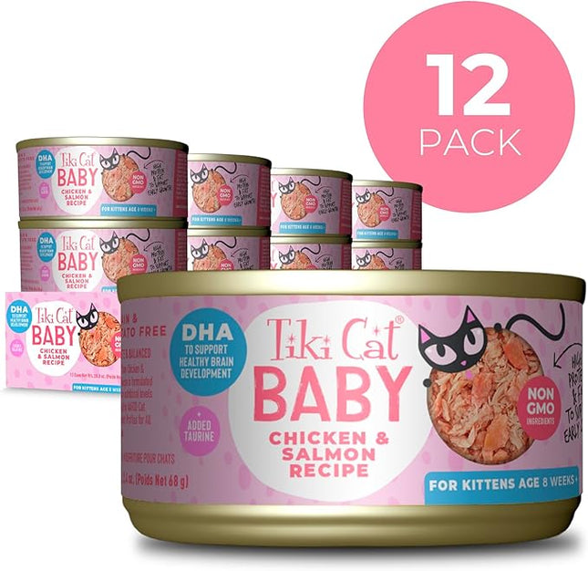 Tiki Cat Baby, Chicken & Salmon, High-Protein and 100% Non-GMO Ingredients, Wet Cat Food for Kittens 8 Weeks+, 2.4 oz. Can (12 Count)
