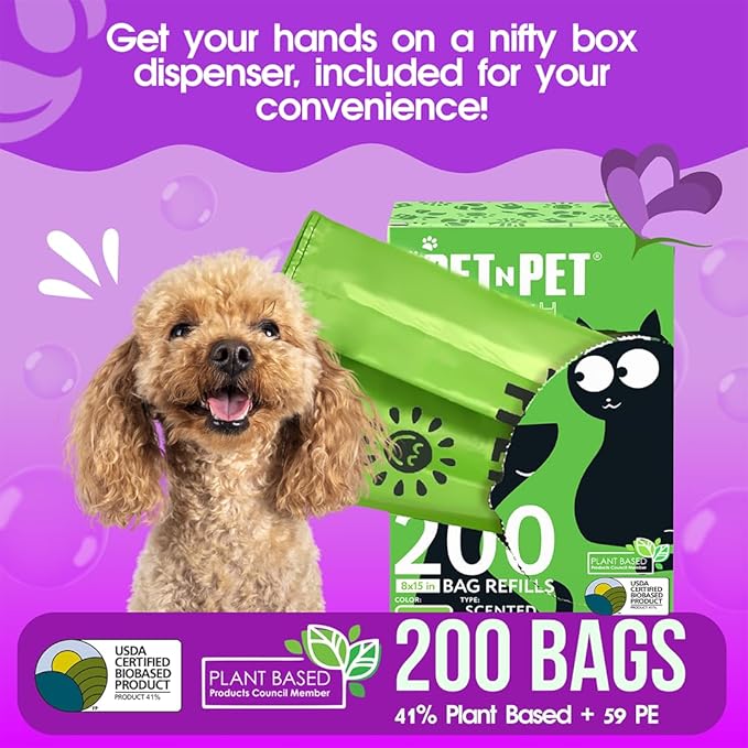 Pet N Pet 200 Counts Lavender Scented Dog Poop Bags Rolls with Tie Handles, 38% Plant Based & 62% PE Poop Bags for Dogs, Extra-Thick Doggie Poo Bag, Pet Waste Bag